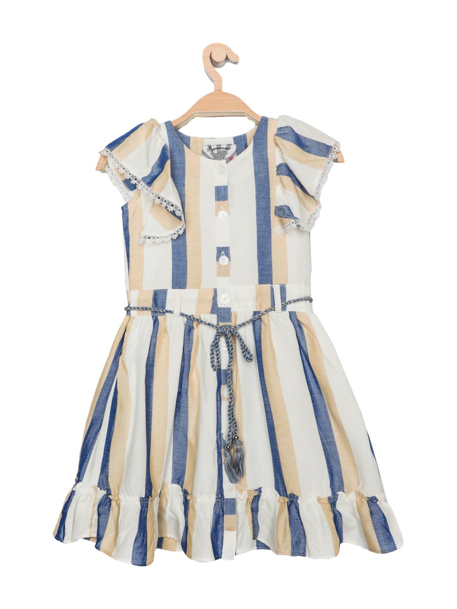 Peppermint Kids Blue Cotton Striped Dress & Rope Belt