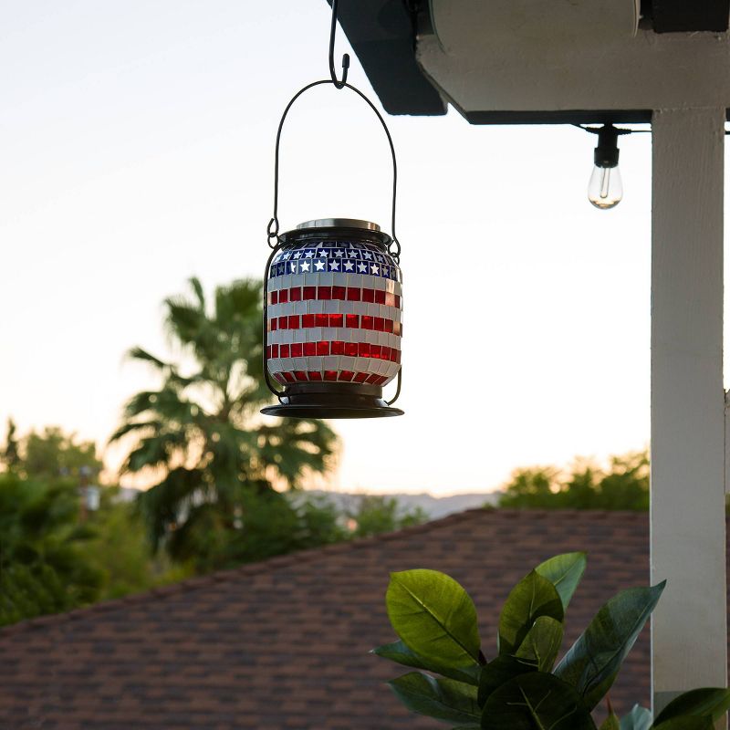 Alpine 7" Solar Patriotic Glass/Iron Hanging Lantern with LED Lights Cool White