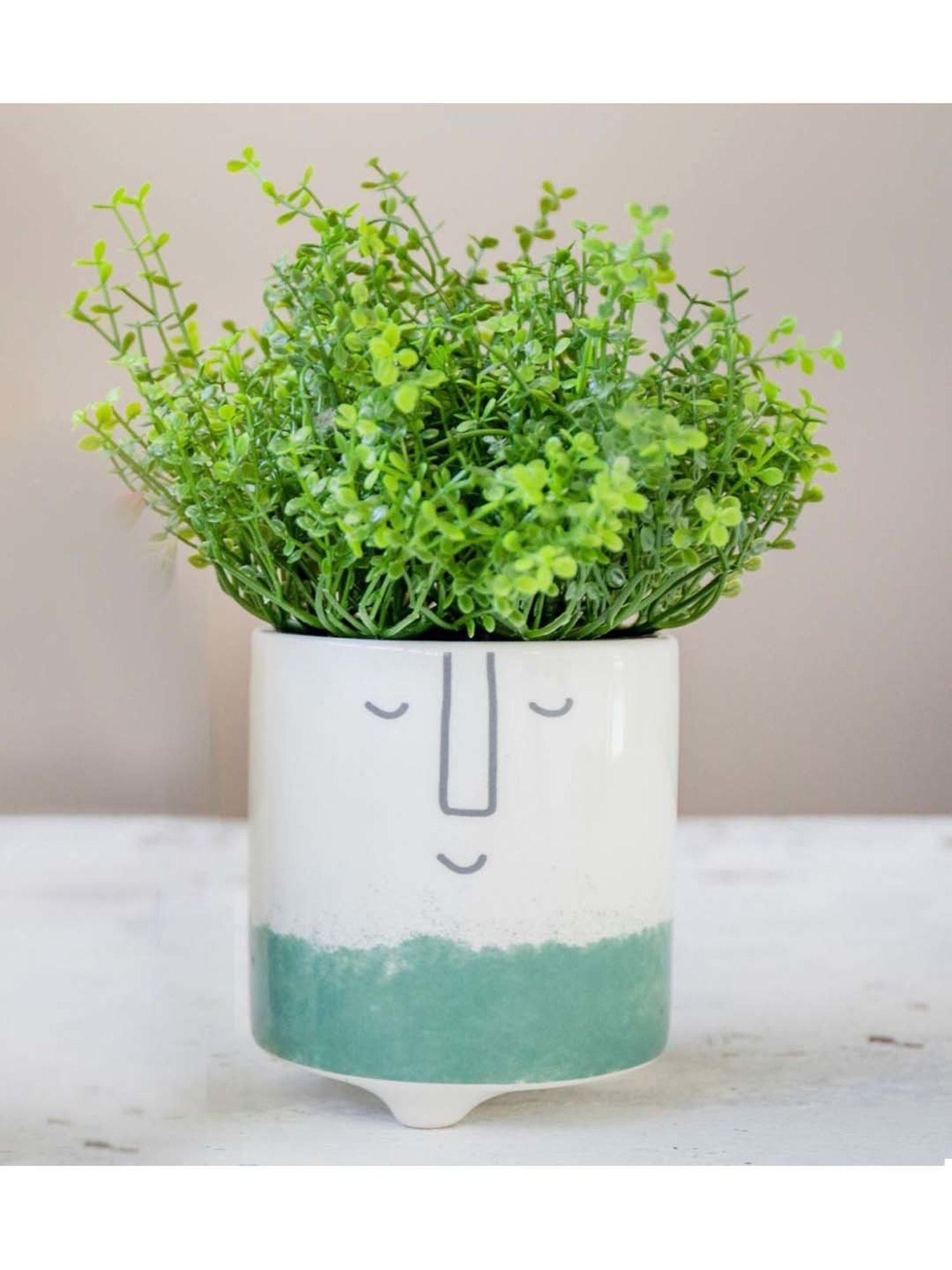 KitchenCraft White & Green Ceramic Mini Planter Pot With Happy Face Design
