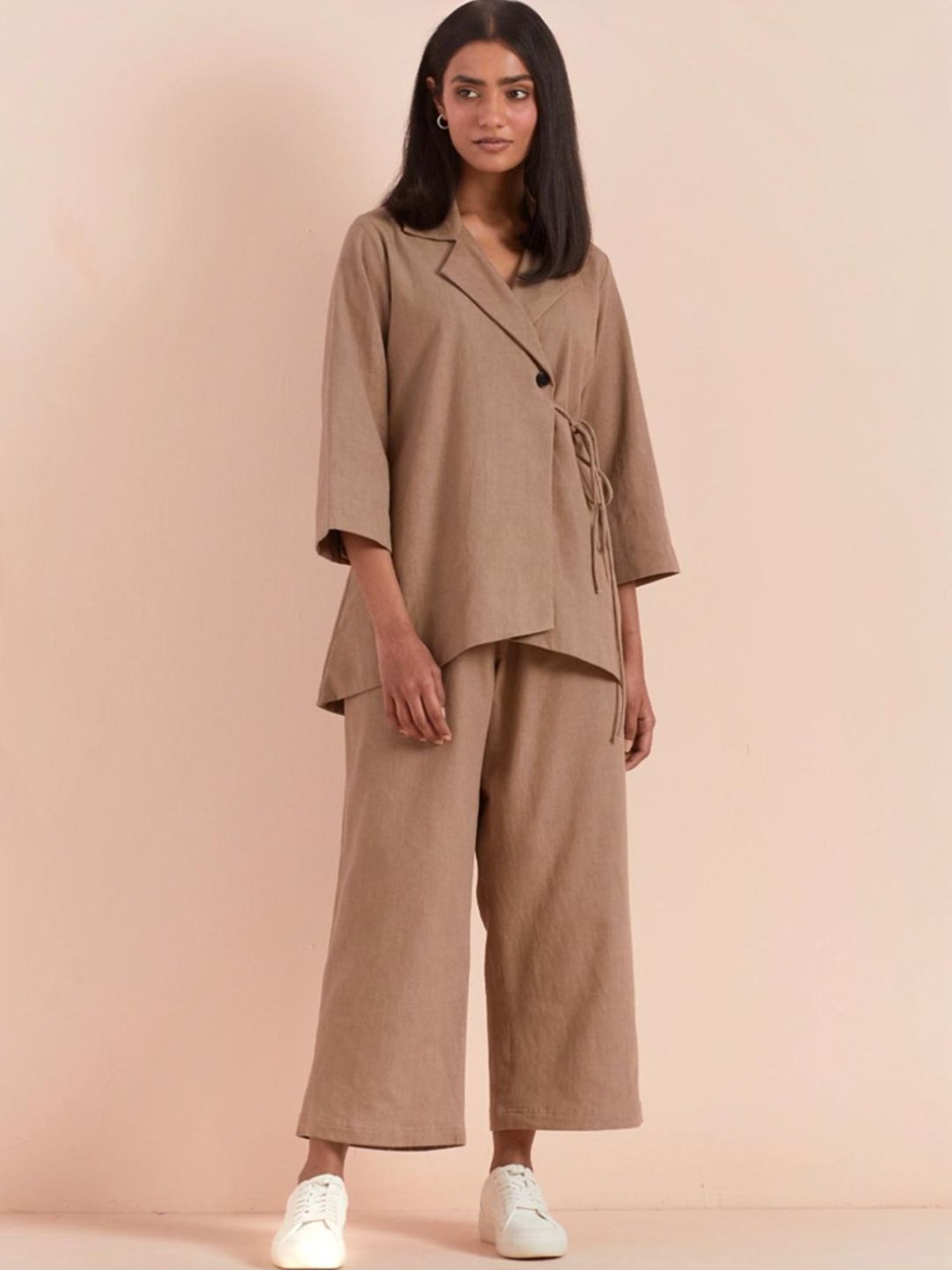 Priya Chaudhary Beige Yasha Twill Cotton Top With Pants - Set Of 2