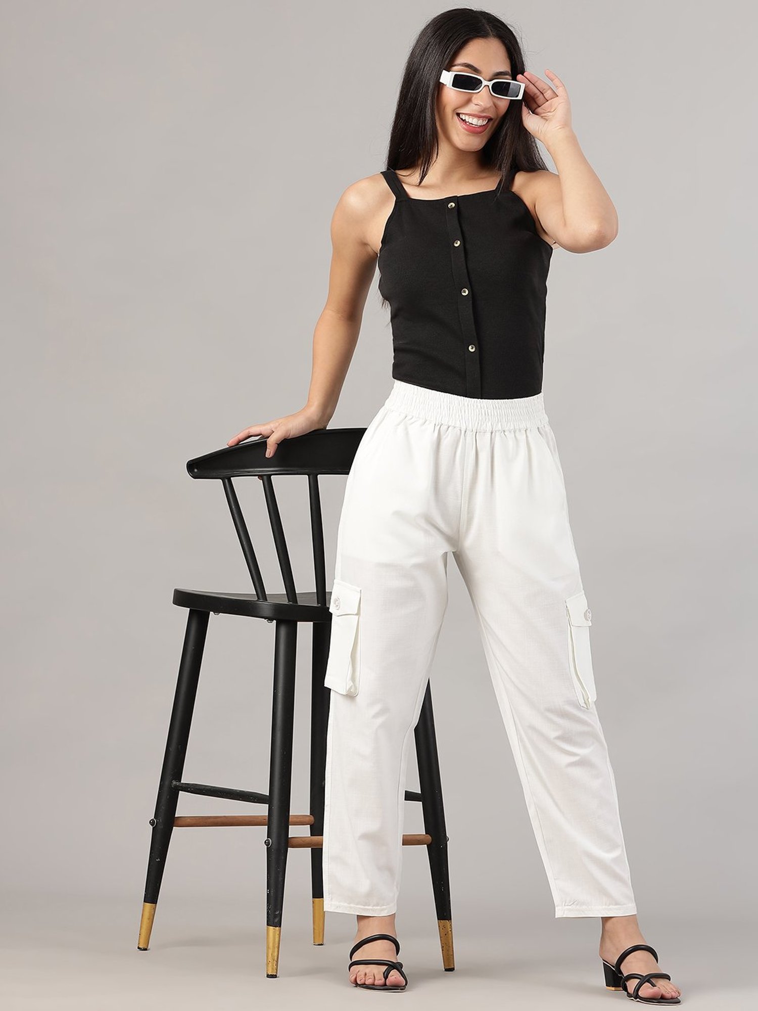 FITHUB White Regular Fit High Rise Cargo Pants