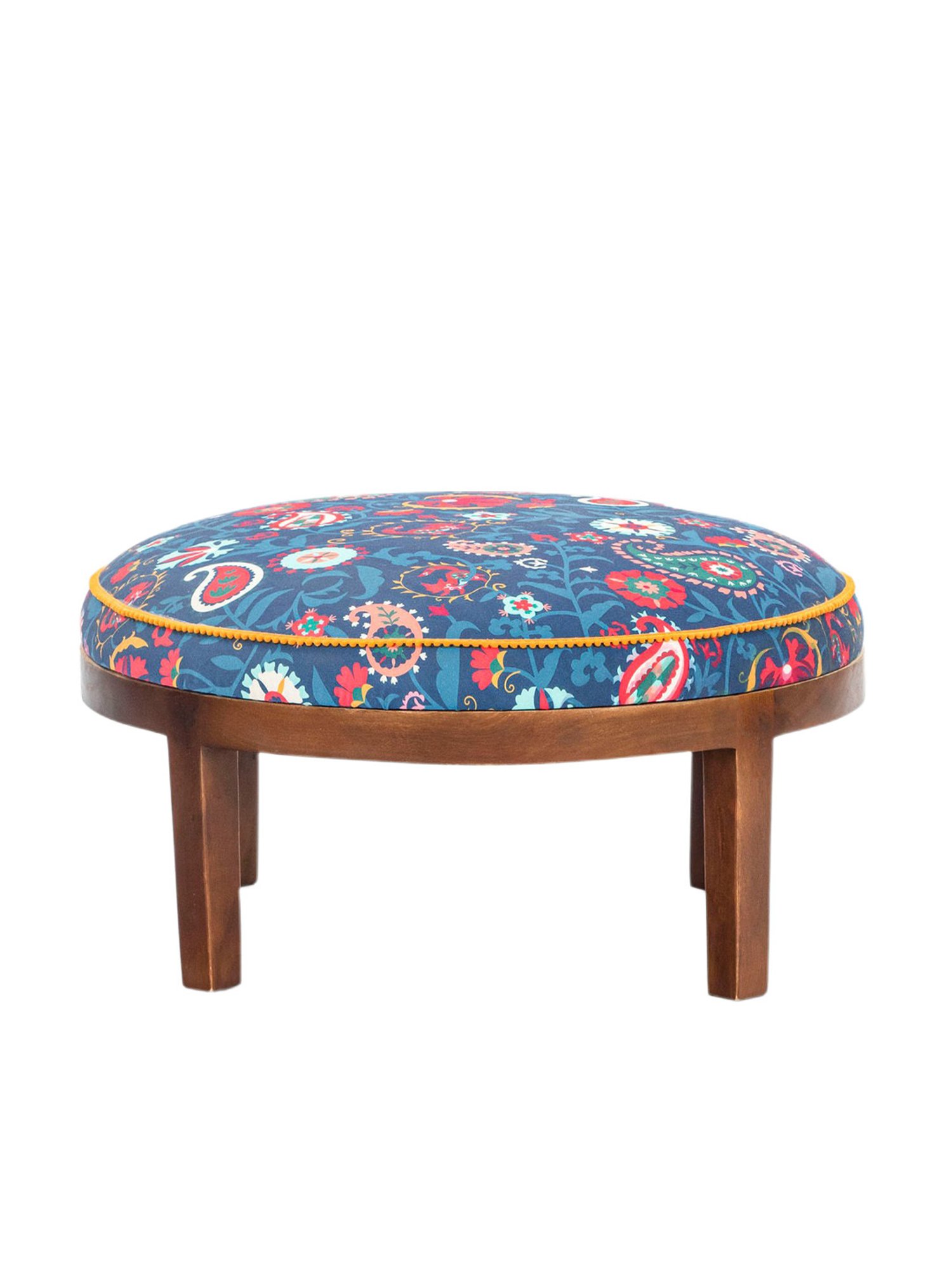 Chumbak Bohemian Paisley Dark Blue Wood Ottoman