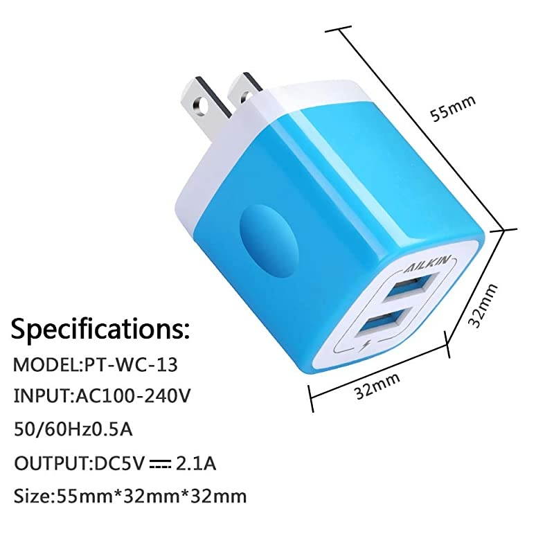 USB Wall Charger  3Pack 21A Dual Port USB Plug Power Adapter Charging Cube Replacement for iPhone X 876 Plus SE5S4SiPad iPod Samsung Android Phone and Other Charger Brick PlugBlue
