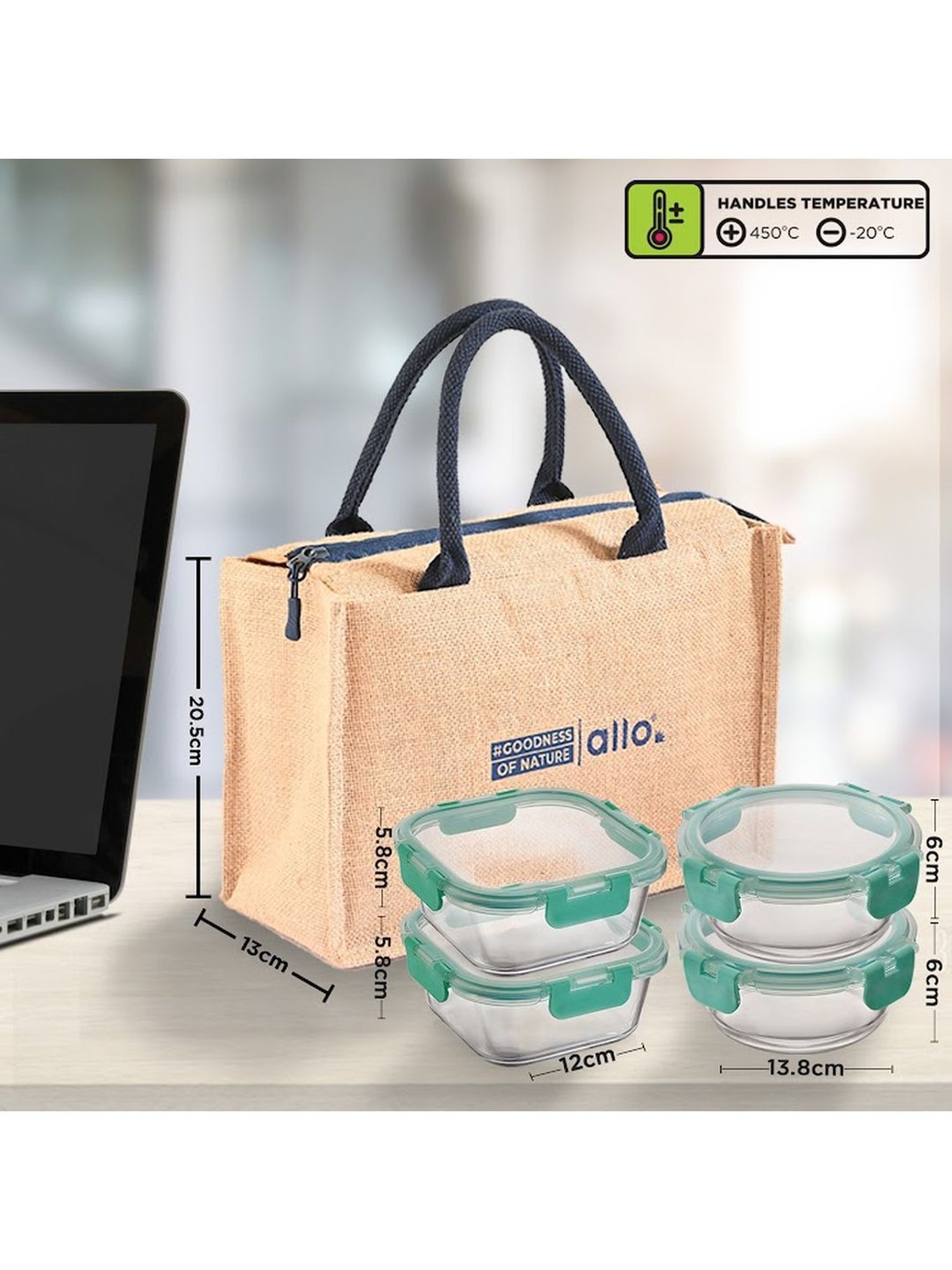 Borosilicate Glass Lunch Box Microwave Oven Safe with Detachable Lock and Jute Tiffin Bag
