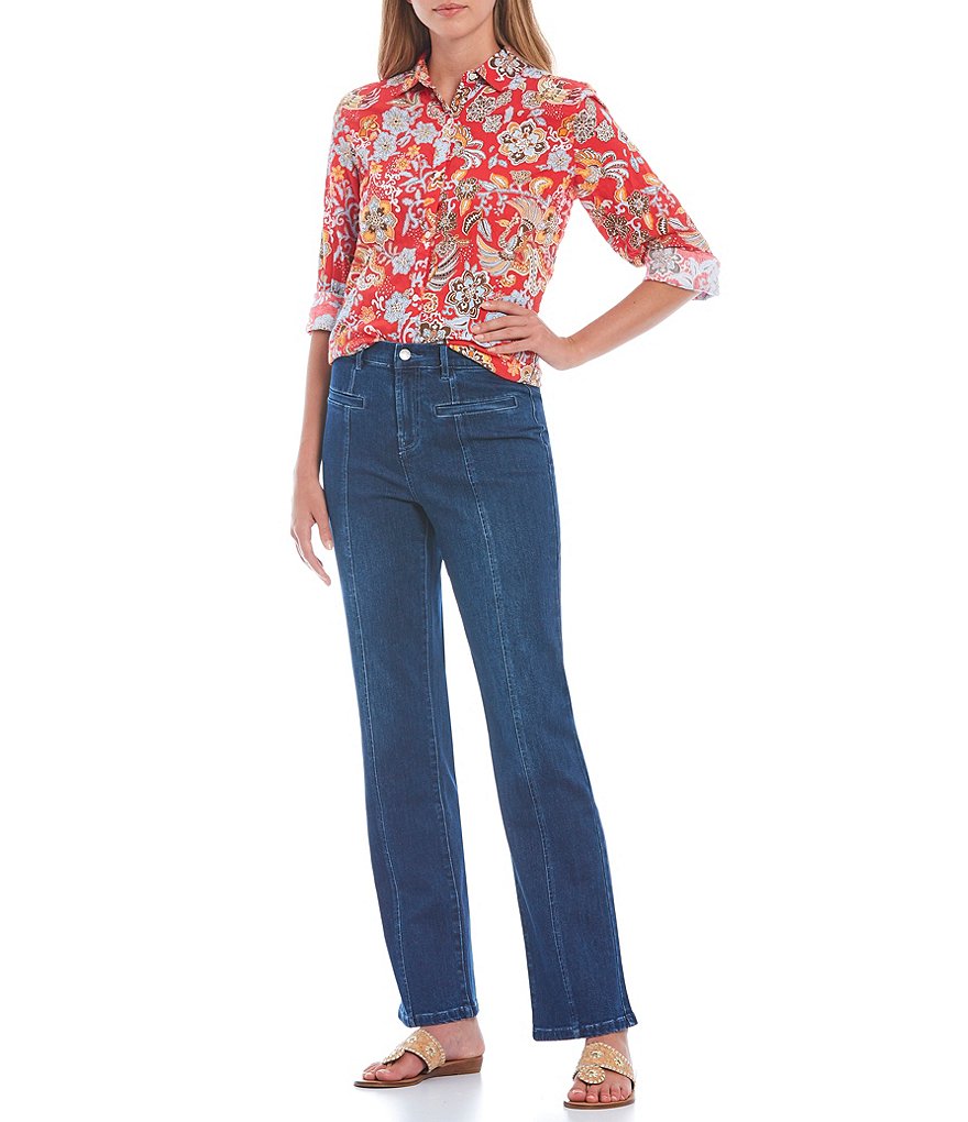 J.McLaughlin Lois Floral Print Crinkle Stretch Cotton Point Collar Long Sleeve Blouse