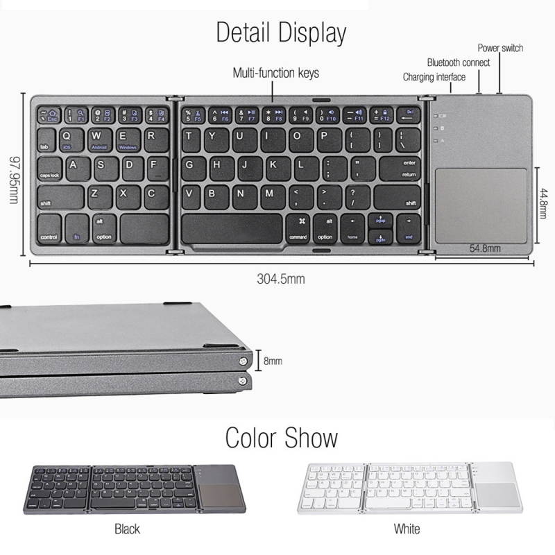 Sunsky B033 Rechargeable 3-Folding 64 Keys Keyboard Bluetooth Wireless Keyboard with Touchpad (Black)