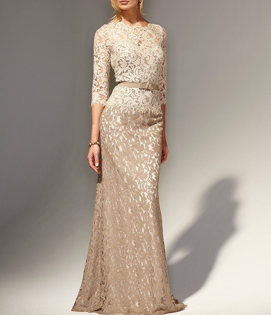 Tadashi Shoji Illusion Neck 3/4 Sleeve Two Tone Lace Gown