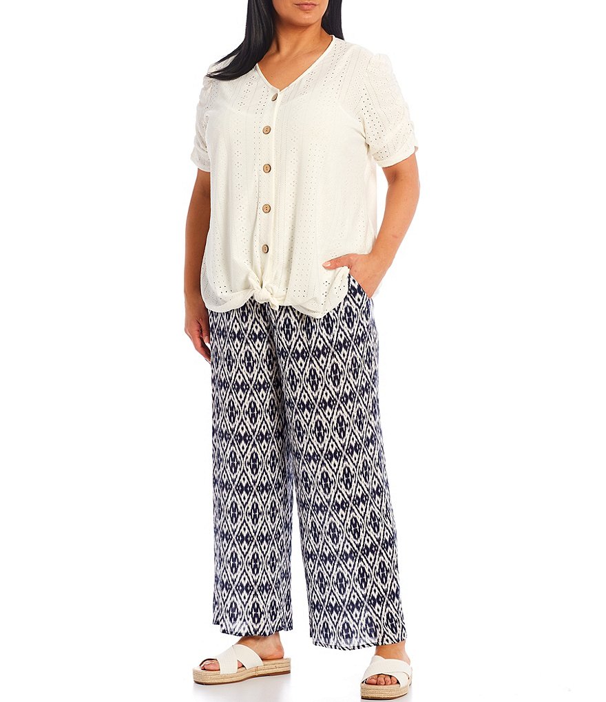 I.N. Studio Plus Size Solid Eyelet Knit V-Neck Ruched Elbow Short Sleeve Button Down Tie-Front Top