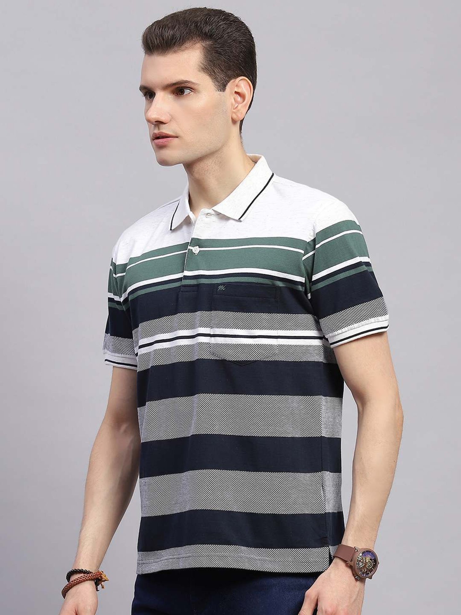 Monte Carlo Navy Blue Regular Fit Striped Polo T-Shirt