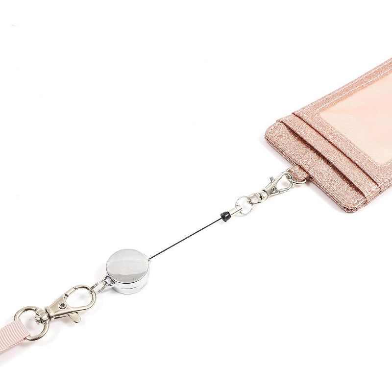 Retractable ID Badge Holder with Lanyard, 2 Card Slots, Rose Gold Glitter PU Leather, 4.9" x 2.75"