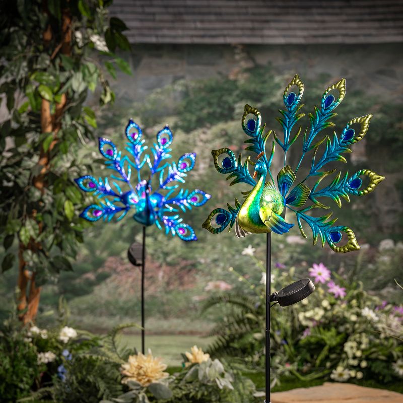 Gerson International Assorted Metal and Glass Solar Peacock Yard Stakes, Set of 2
