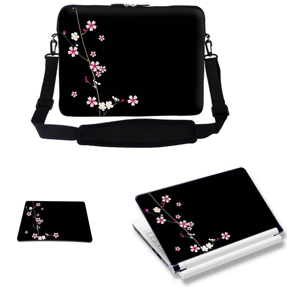 Meffort Inc 17 17.3 inch Laptop Carrying Sleeve Bag Case with Hidden Handle & Adjustable Shoulder Strap with Matching Skin Sticker and Mouse Pad Combo - Plum Blossoms