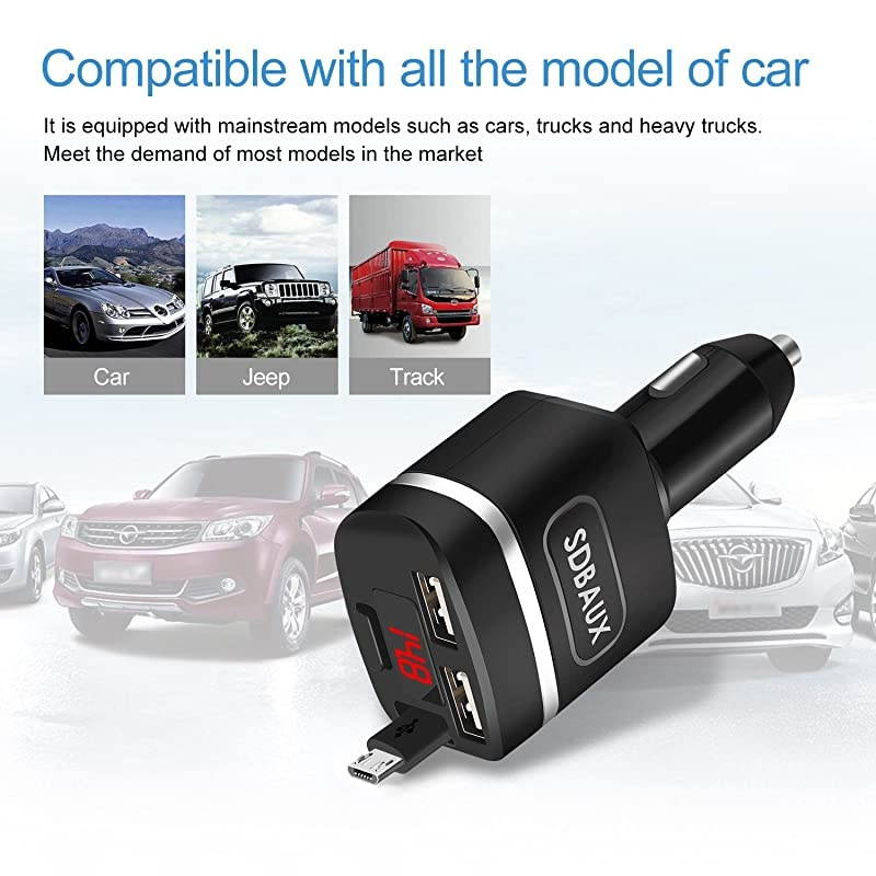 Car Chargewith 28 ft Micro USB Retractable Cable2 USB Ports Quick Charge48A24W and LCD Voltage and Current Monitoring Digital Display
