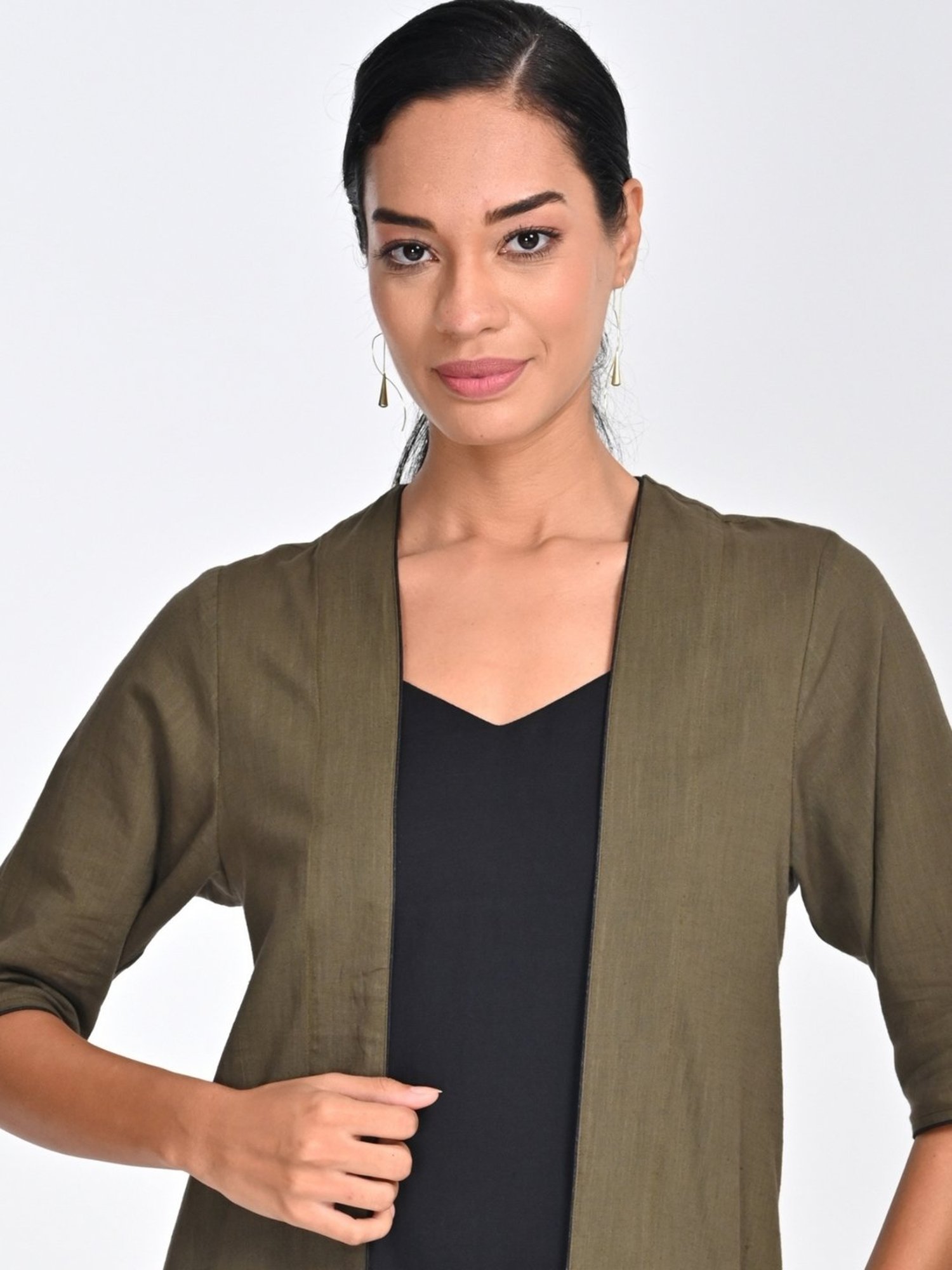 Saltpetre Women Olive with Black Piping Open Front Long Overlay