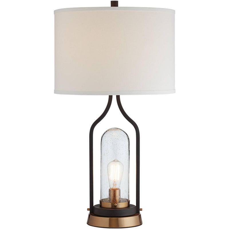 Franklin Iron Works Industrial Farmhouse Table Lamp with Nightlight LED Bronze Brass Seeded Clear Glass Drum Shade for Living Room