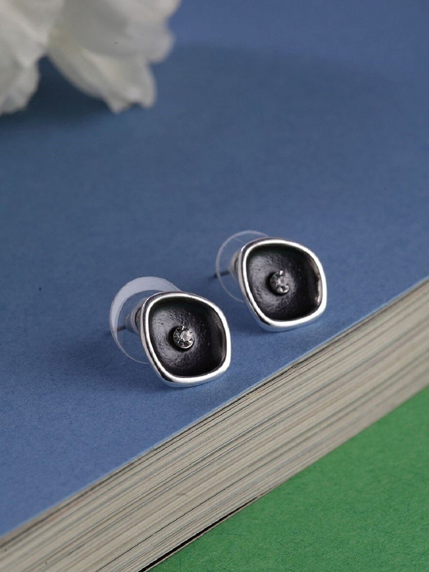 Priyaasi Silver-Plated Stone Studded Black Color Stud Earrings