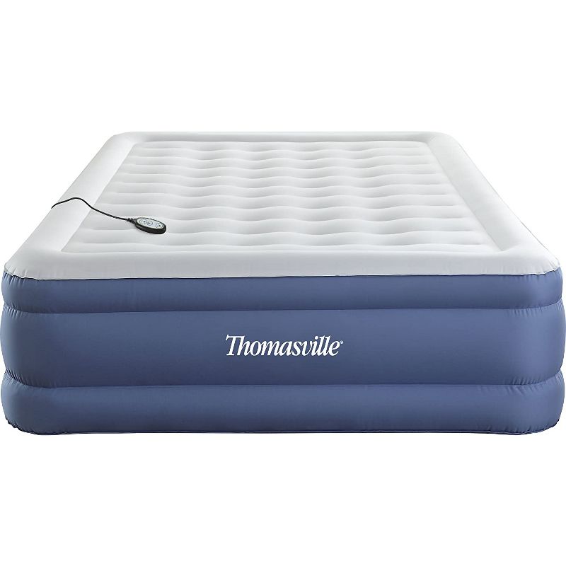 Thomasville Duratex Puncture Resistant Flocked Pillow Top Elevated Inflatable Air Mattress with Internal Air Pump and Connected Controller, Queen