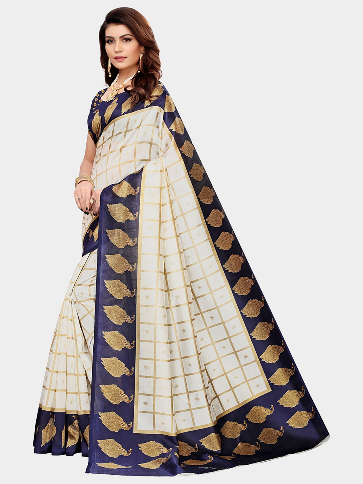 KSUT Beige & Purple Check Saree With Blouse