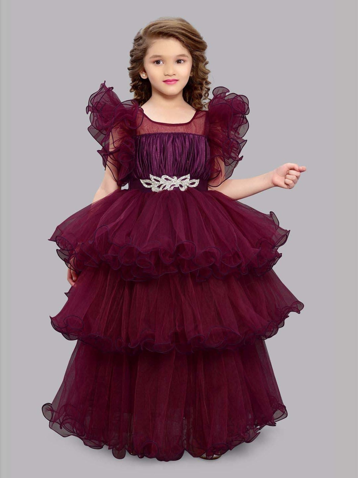 Pink Chick Kids Maroon Solid Party Gowns
