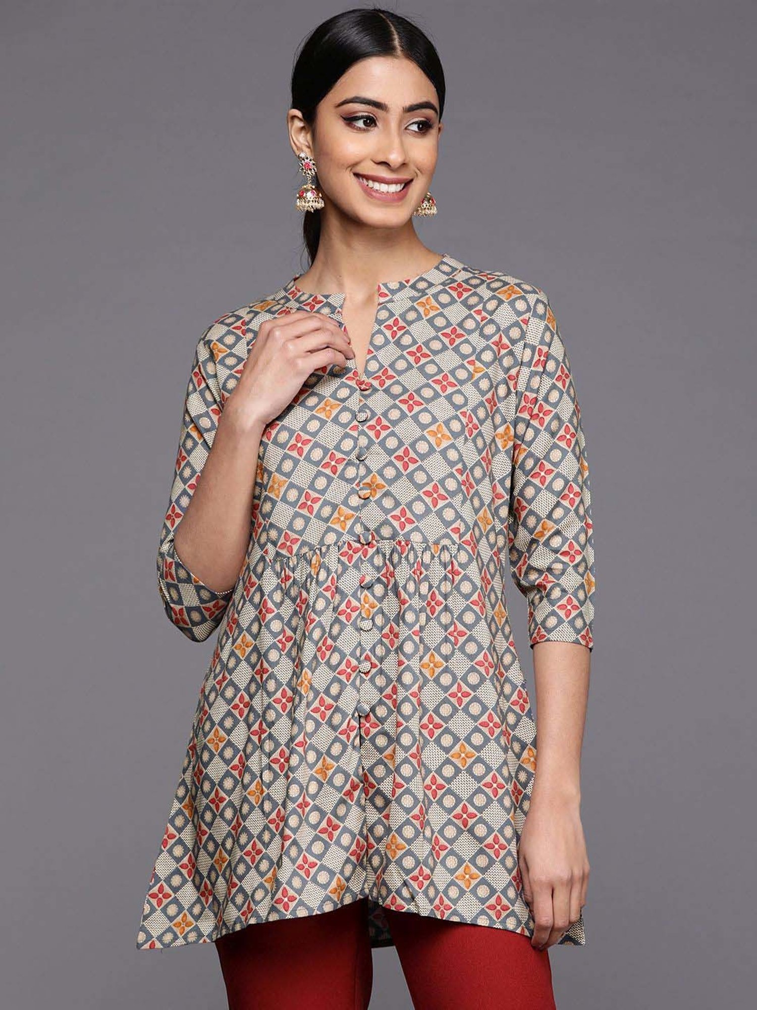 Libas Grey Printed A Line Kurti