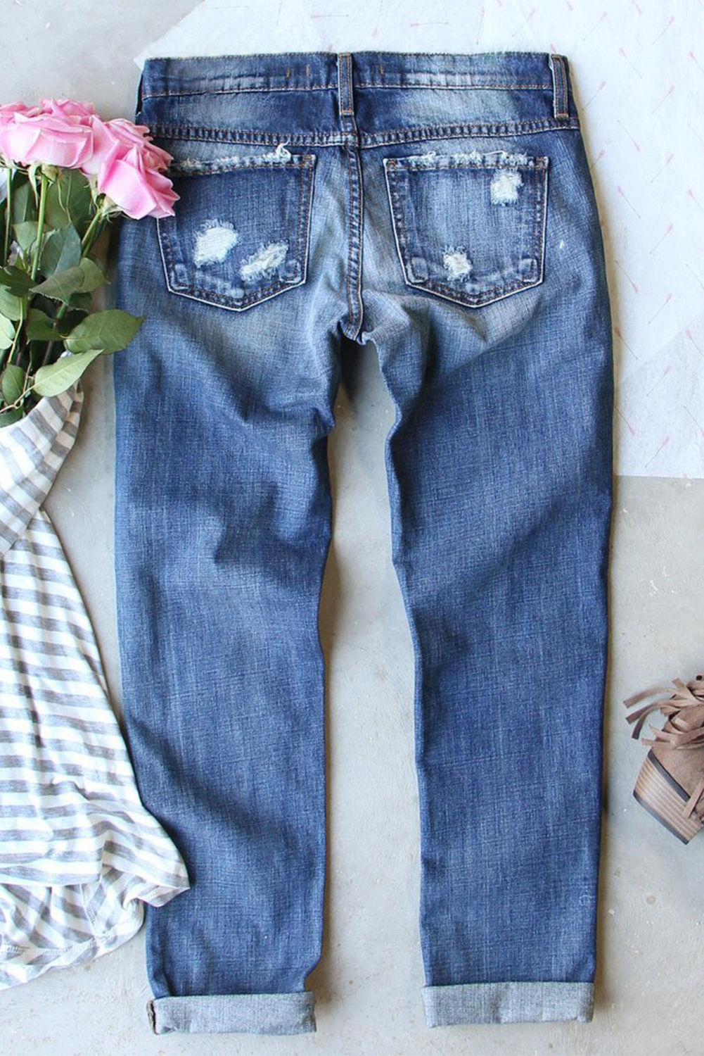 Blue Sunflower Print Ripped Mid Rise Straight Leg Graphic Jeans