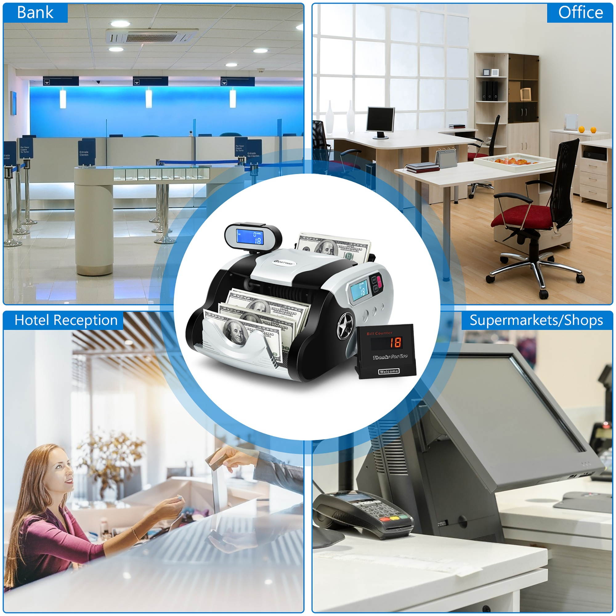 Costway Money Counter Bill Counting Machine w/ UV/MG/IR/MT Counterfeit Detection