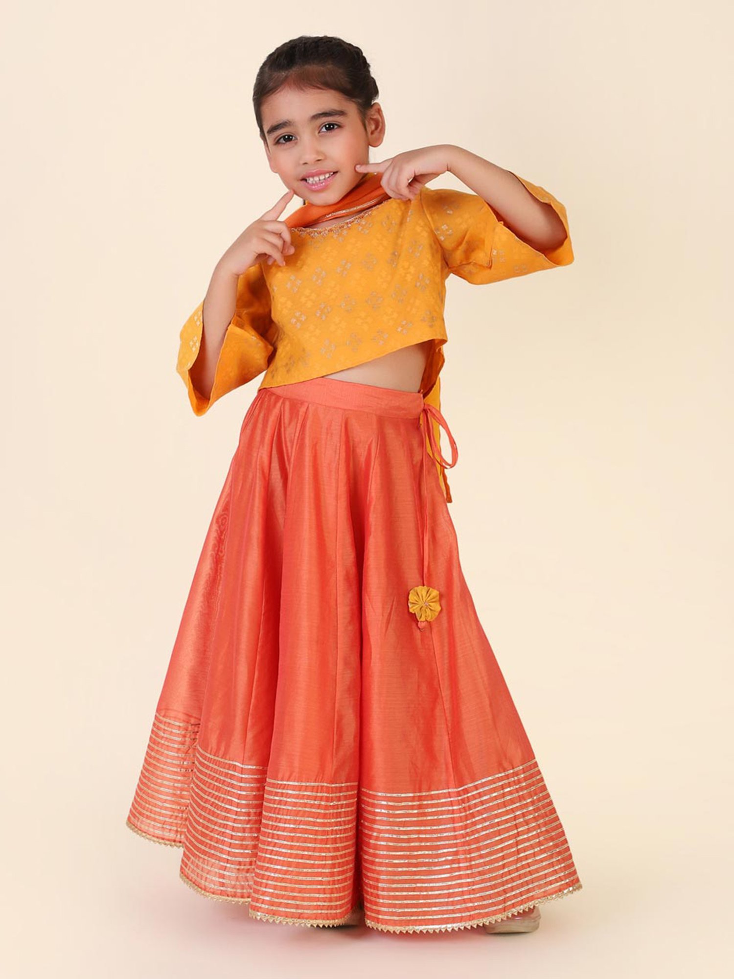 Fabindia Kids Orange Printed Lehenga, Choli with Dupatta