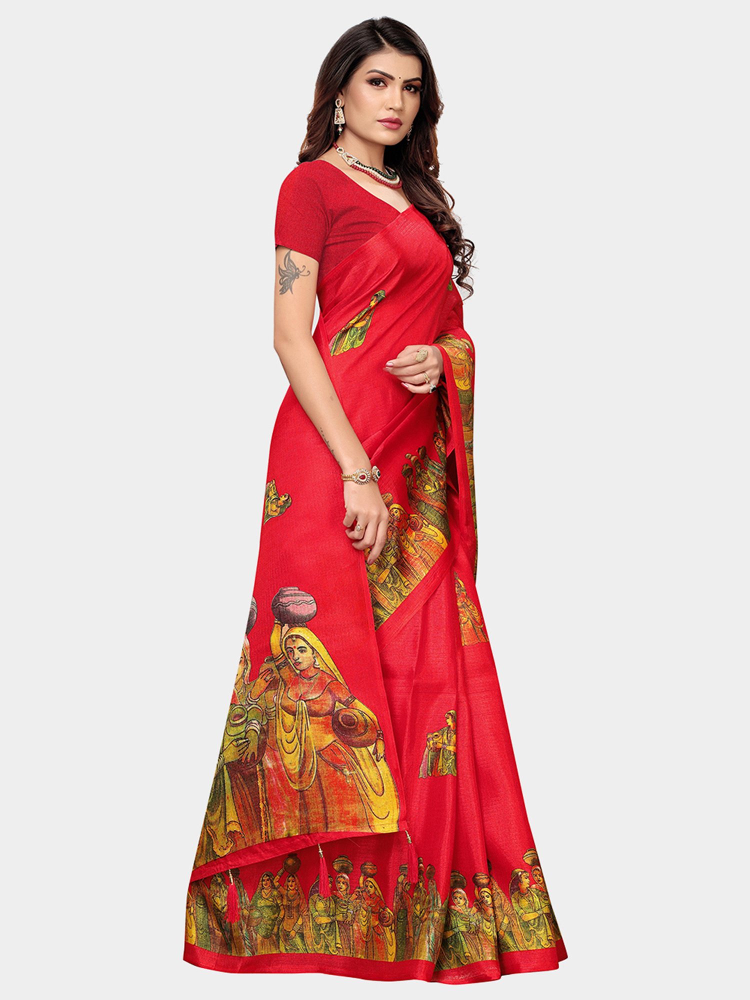 KSUT Red Printed Saree With Blouse