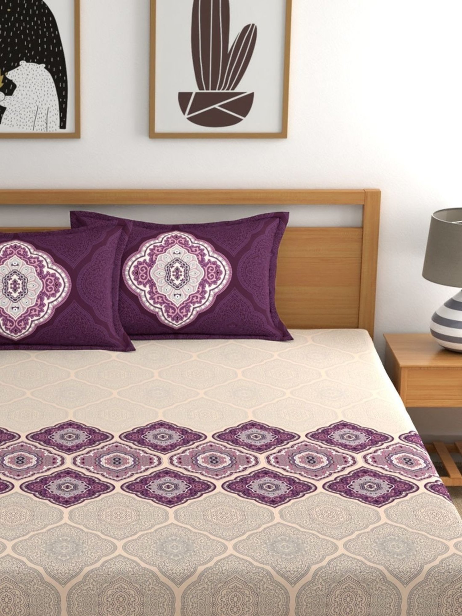 Dreamscape Ethnic Purple 140 TC Cotton King Fitted Bed Sheet with 2 Pillow Covers