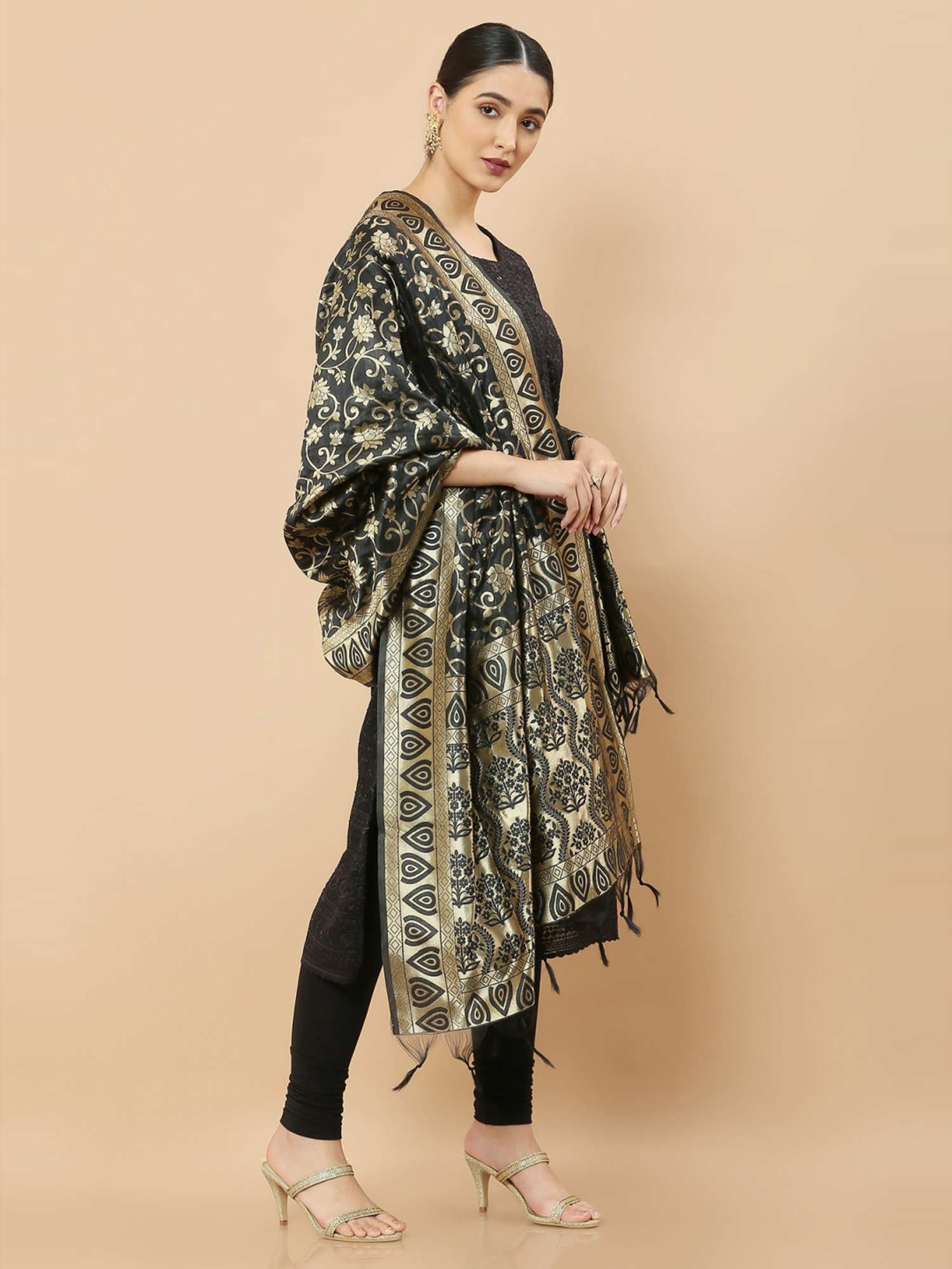 Soch Black Woven Pattern Dupatta