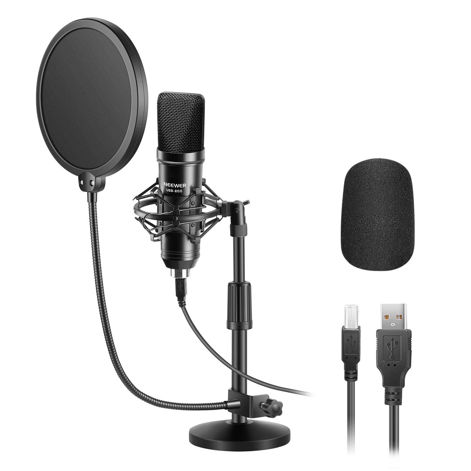 Neewer USB200 Microphone Kit 192KHz/24Bit Plug & Play Cardioid Condenser Mic with Professional Sound Chipset, Desktop Iron Mic Stand, Shock Mount, Pop Filter for YouTube Video/Broadcasting/Gaming