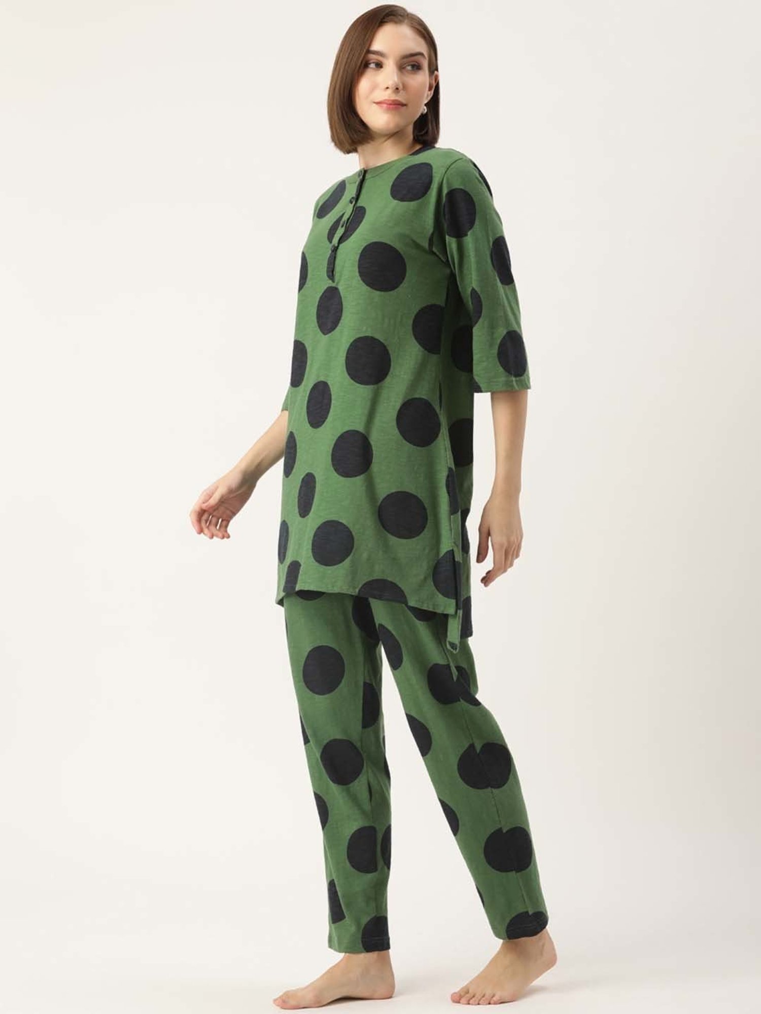 Clt.s Green Cotton Polka Dots Kurti Pyjama Set