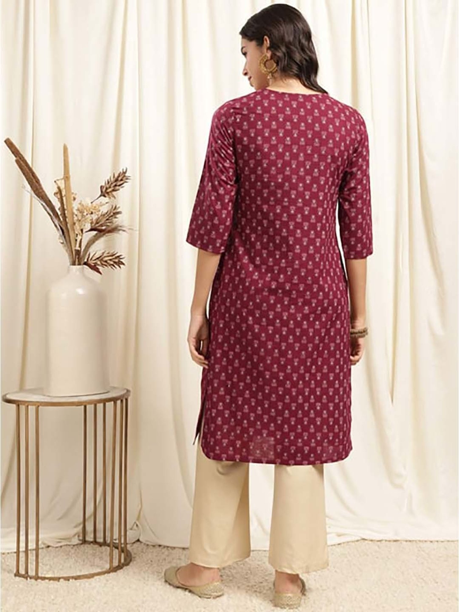 Rangita Maroon Cotton Printed Straight Kurta
