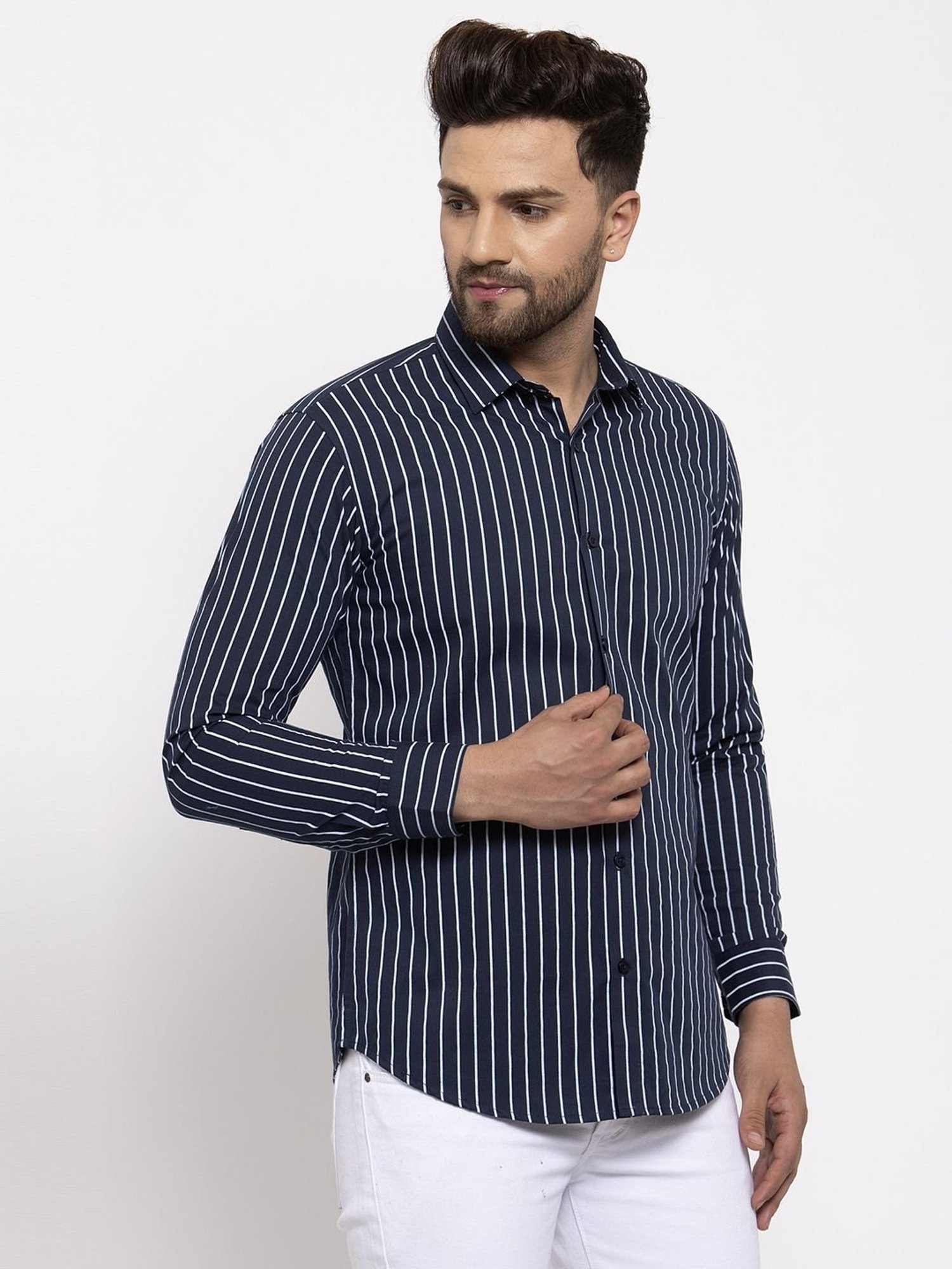 Jainish Navy Regular Fit Striped Shirt