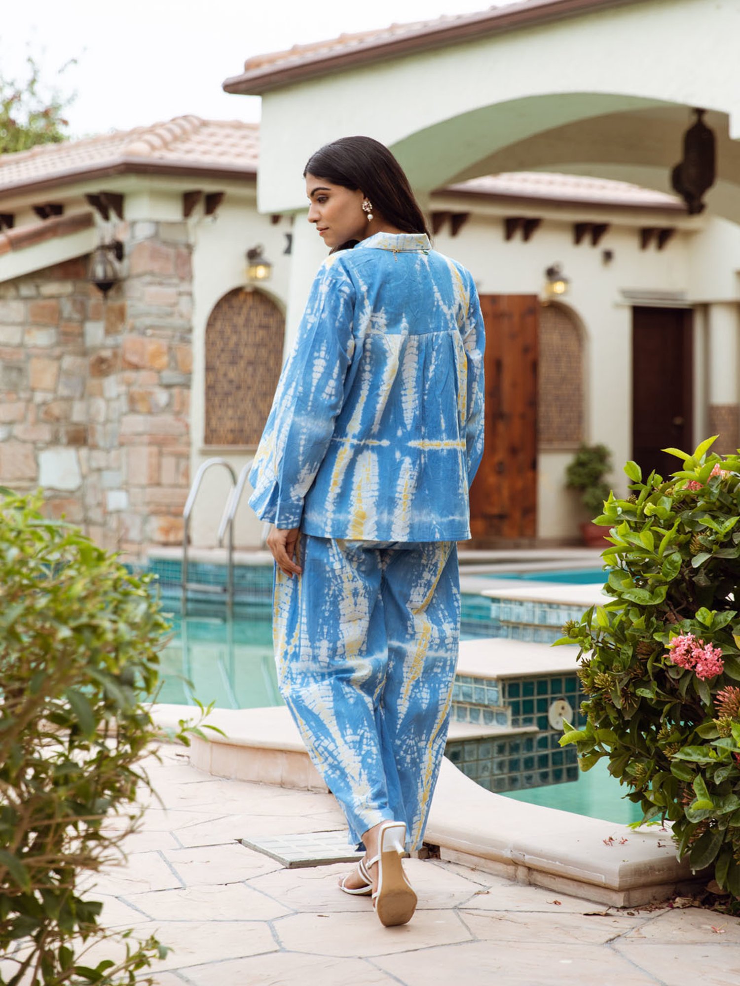 Asrumo White Blue Tie Dye Cotton Coord Set