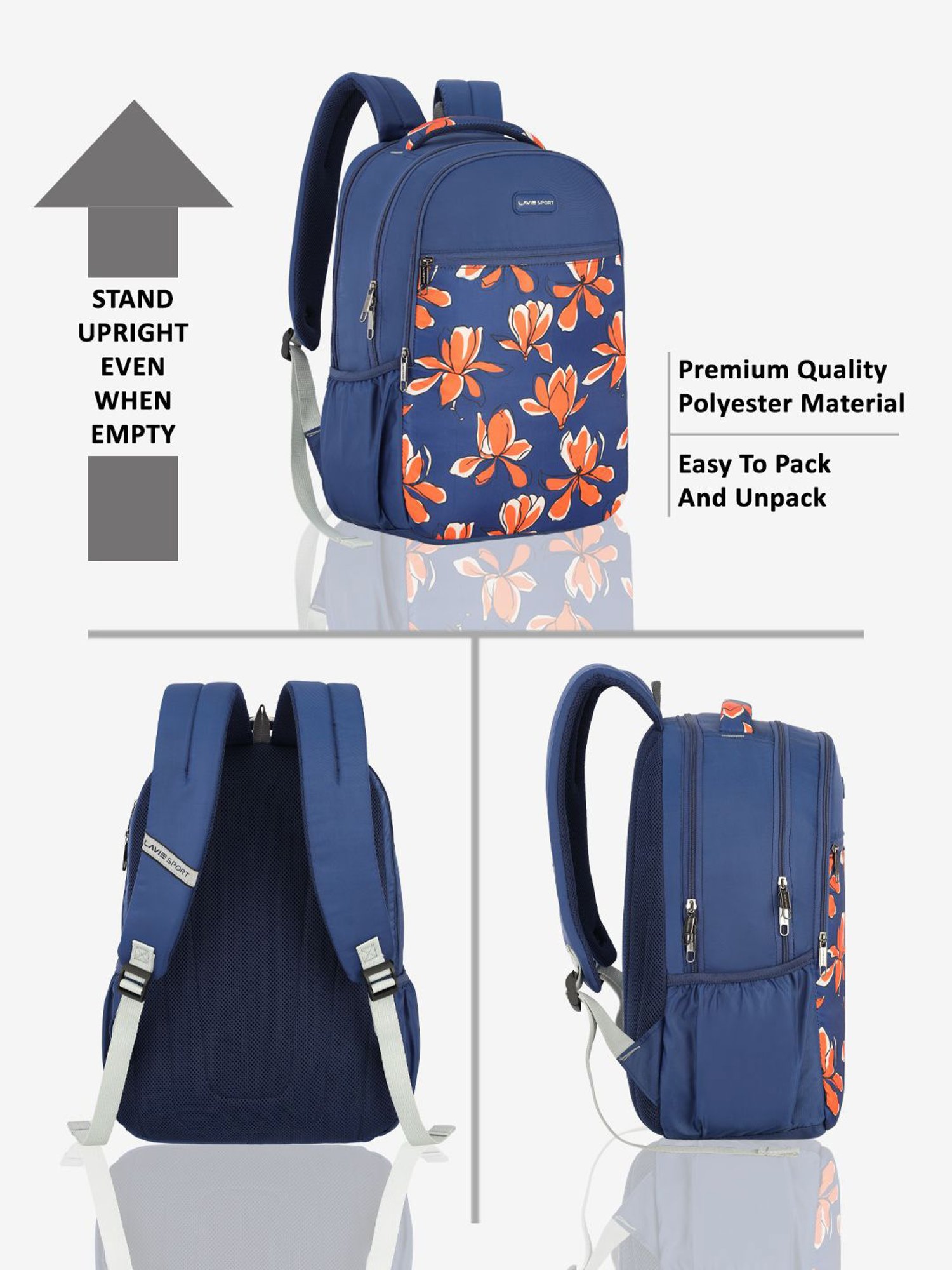 Lavie Sport Bloomy 26L Floral Printed School Backpack for Girls (Navy)