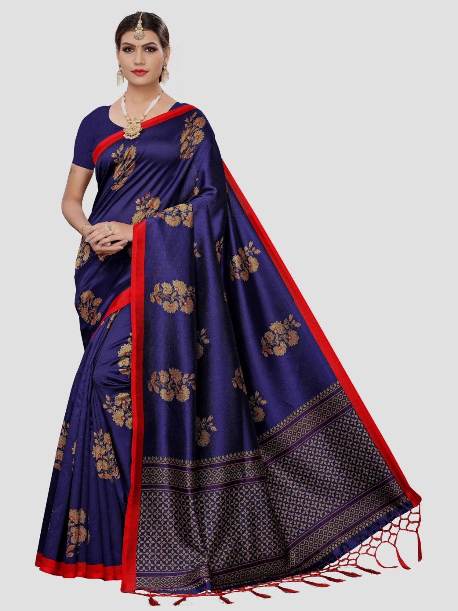 KSUT Ink Blue Printed Saree With Unstitched Blouse