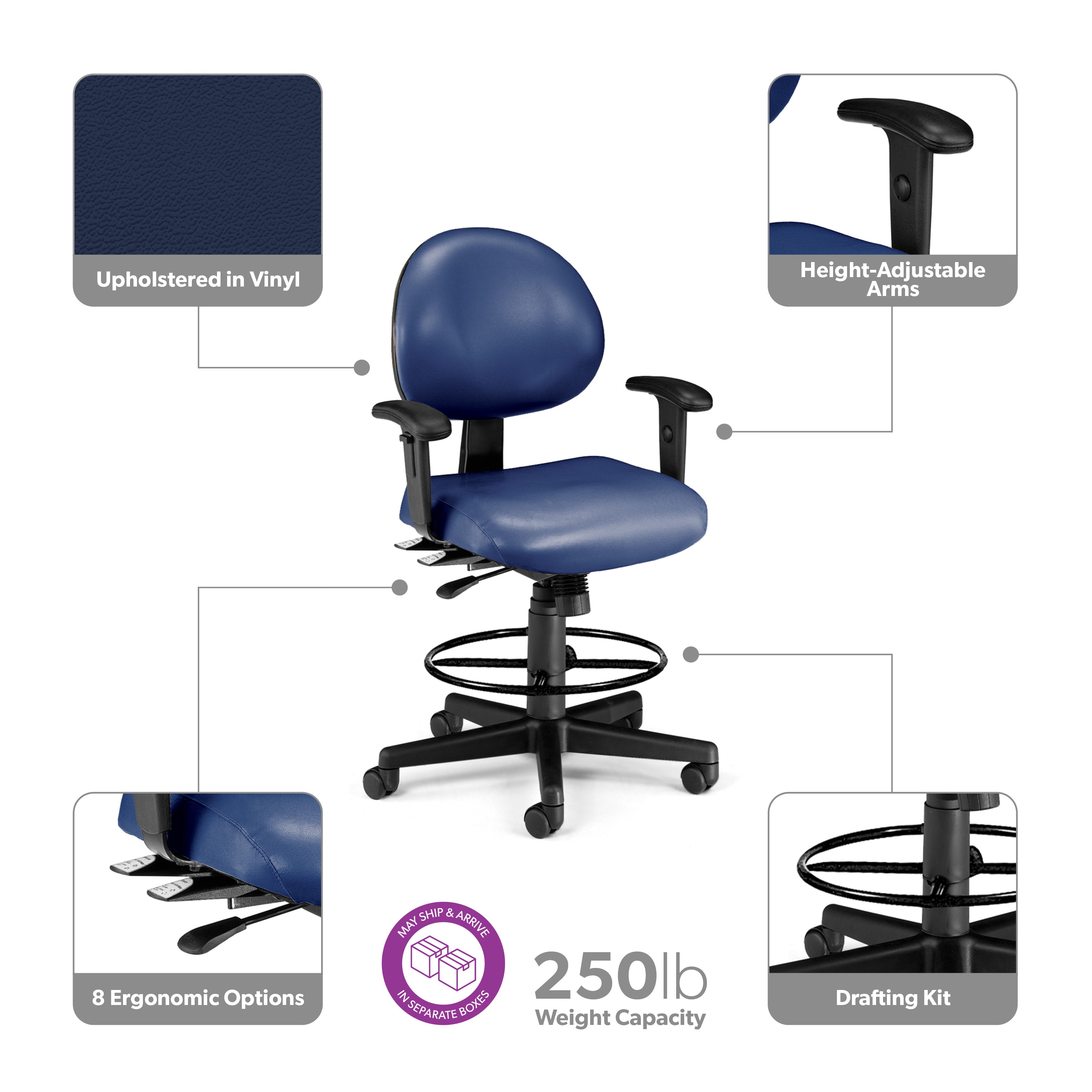 OFM 24 Hour Ergonomic Task Chair with Arms and Drafting Kit, Anti-Microbial/Anti-Bacterial Vinyl, in Navy (241-VAM-AA-65)