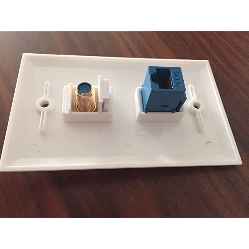 1 Cat6 Ethernet Port and 1 Goldplated Cable TV Coax F Type Port Wall Plate White