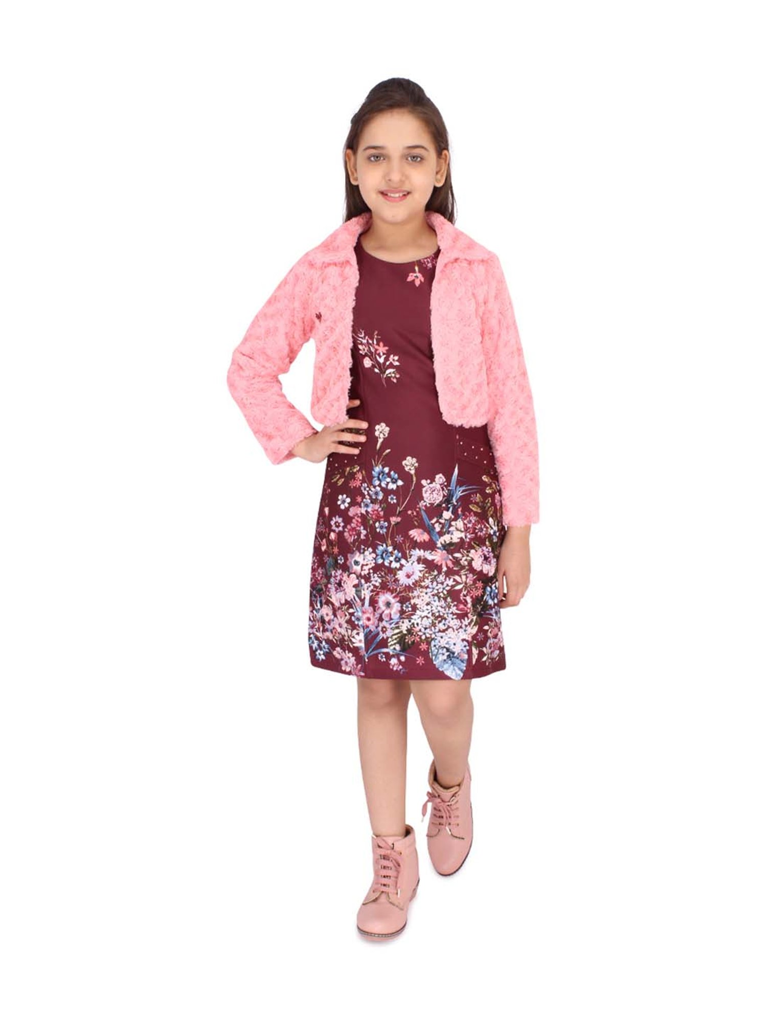 Cutecumber Kids Plum Printed Dress & Shrug