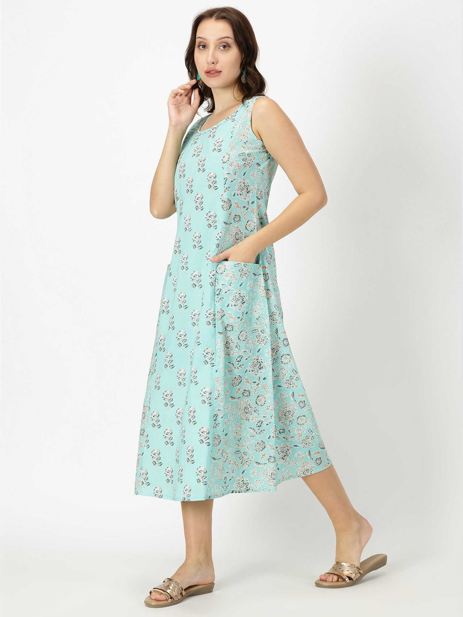 Saffron Threads Turquoise Cotton Floral Print Ethnic Dress
