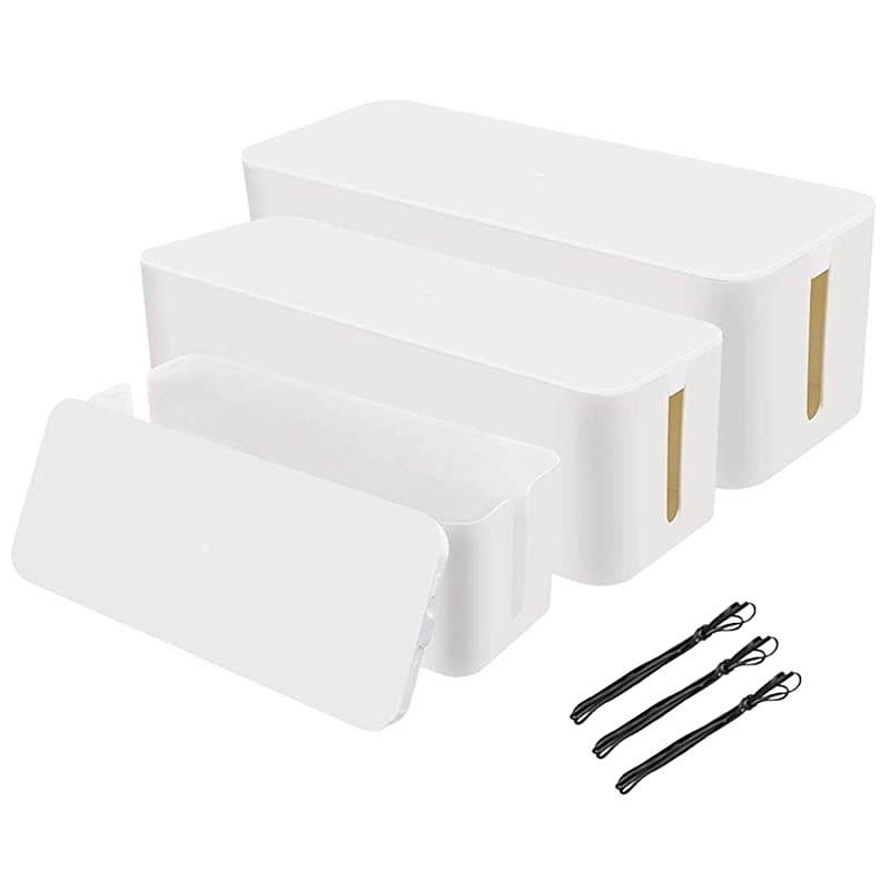 of 3 3 Cable Management Boxes + 3 Wire Ties Large Cord Box Organizers to Hold and Hide Power Strip Charger Adapter Power Cord Charging Station USB HUB White
