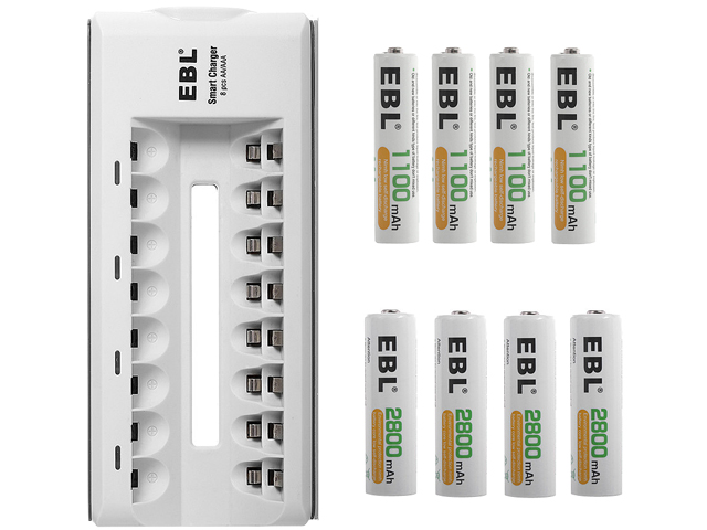 EBL AA AAA Rechargeable Batteries (4-Pack, 1100mAh + 4-Pack, 2800mAh) with 8 Bay Battery Charger for AA AAA Ni-CD Ni-MH Replacement Battery