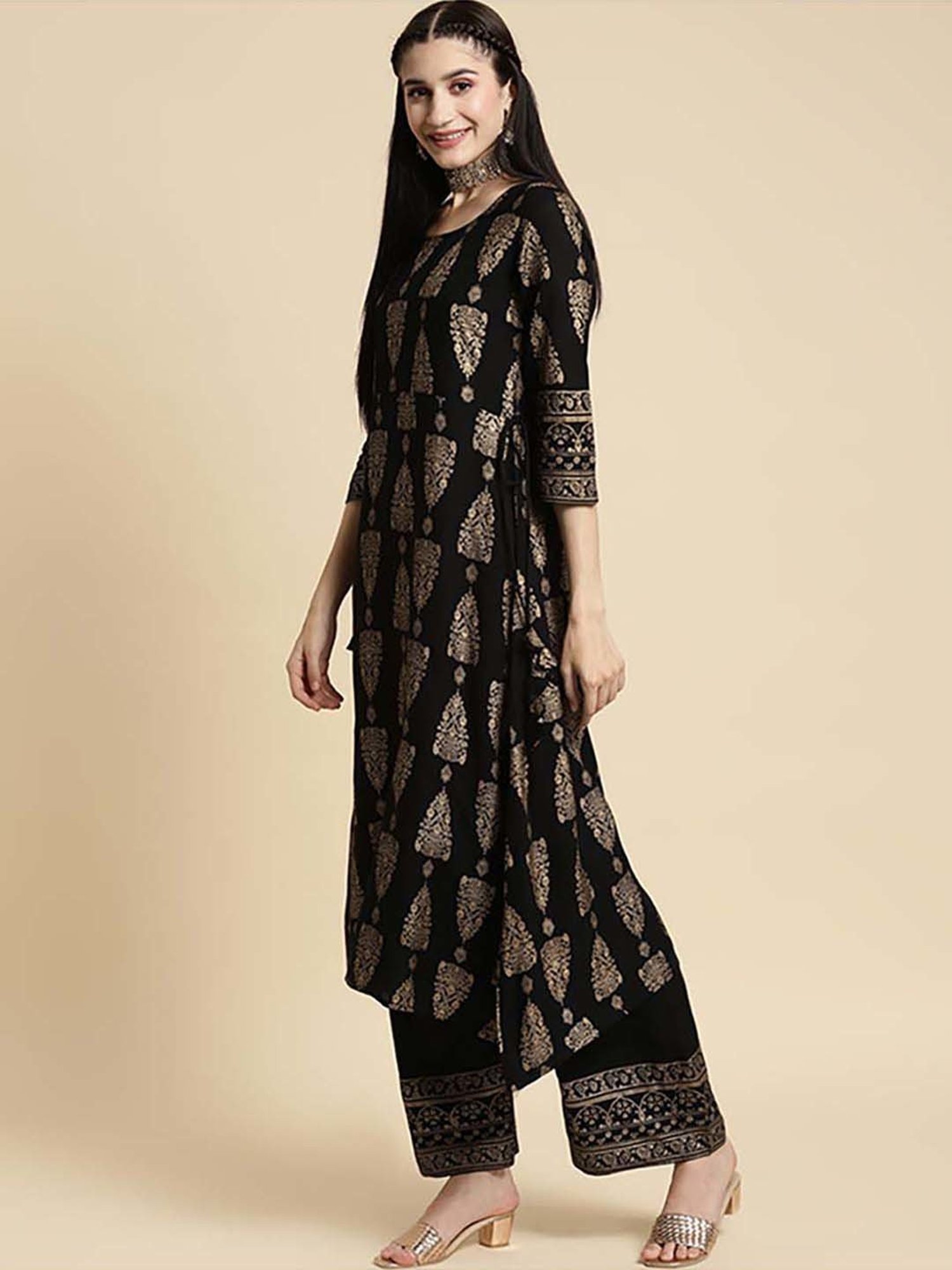 Rangita Black Floral Print Kurta Palazzo Set