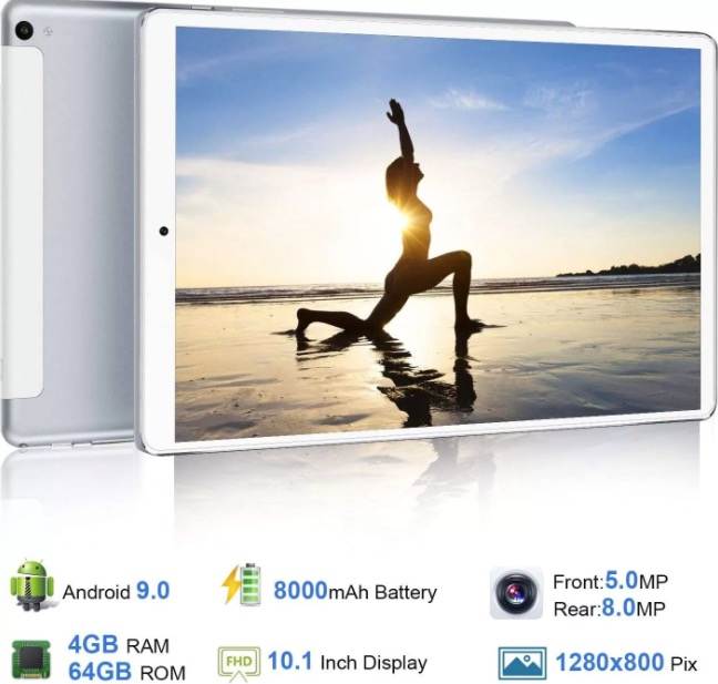 DWO 10.1 inch New Android 9.0 Quad Core Tablet PC Dual sim with 4GB RAM + 64GB Storage[Silver]