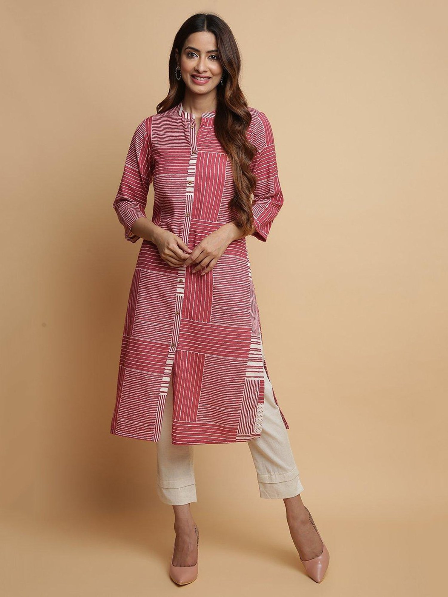 Biba Red & Off White Striped Kurta Pant Set