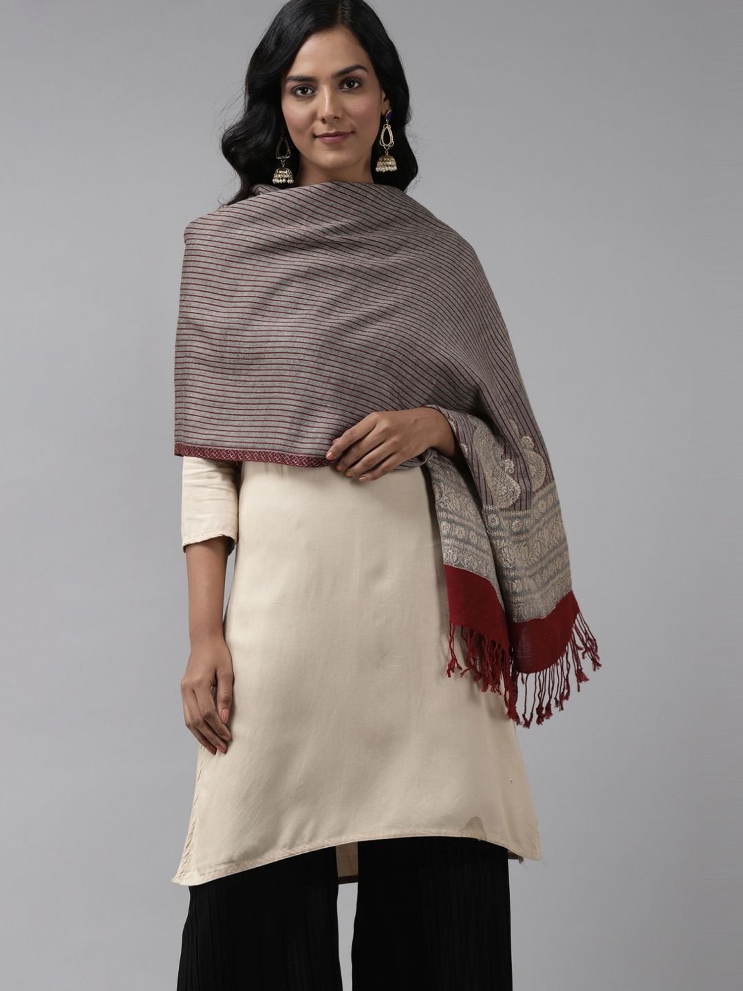 Indo Era Grey & Maroon Woven Pattern Shawl