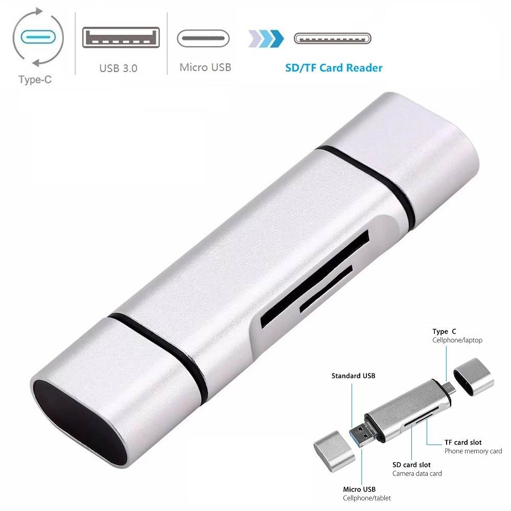 3 in 2 Type-C / USB / Micro USB to SD/TF Card Reader for Android Apple, 3-in-2 USB-C USB Micro, Fast SD TF Reader, Aluminum Alloy Shell, Portable Design.