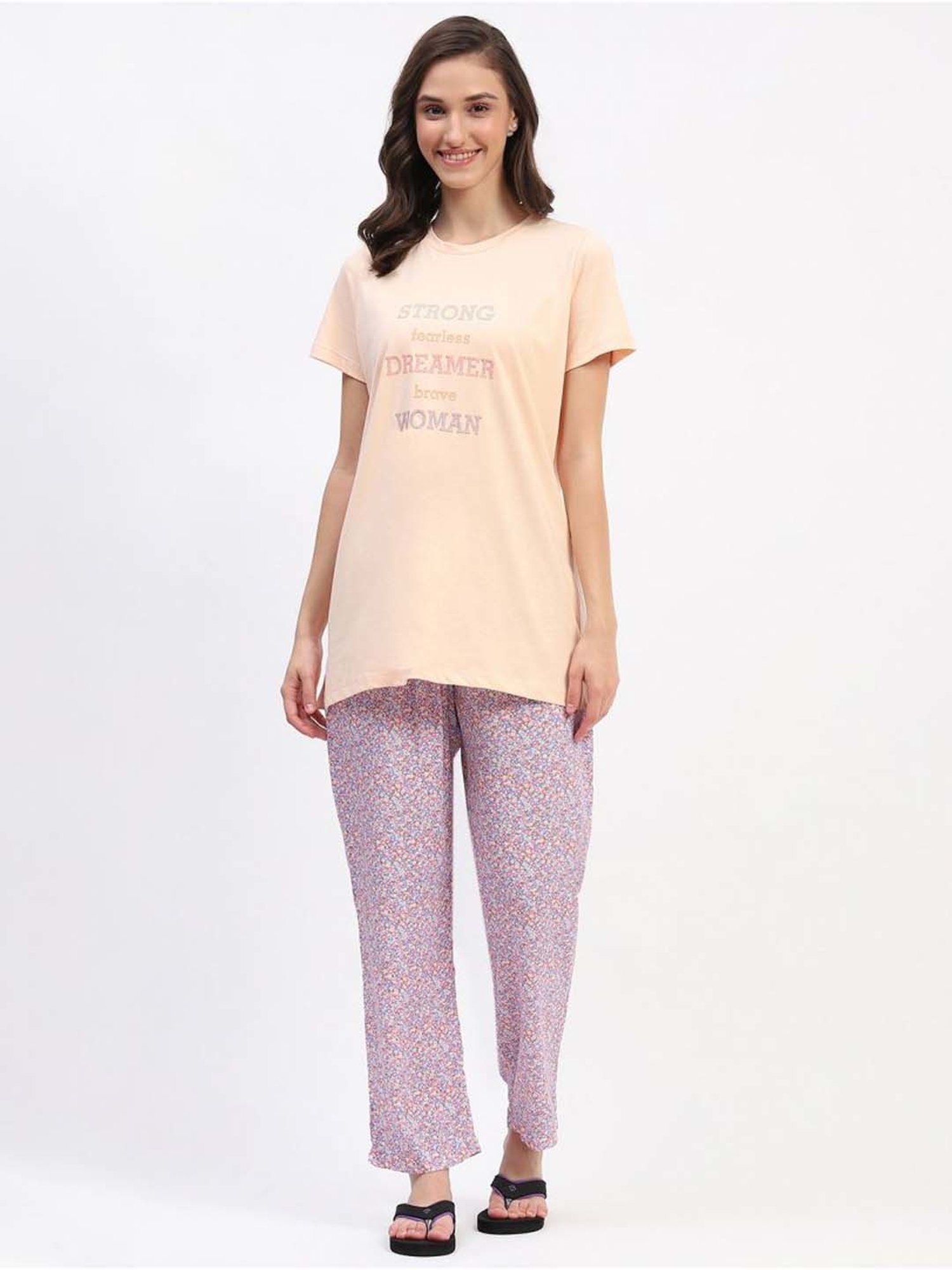MADAME M Secret Peach & Purple Printed T-Shirt Pyjamas Set
