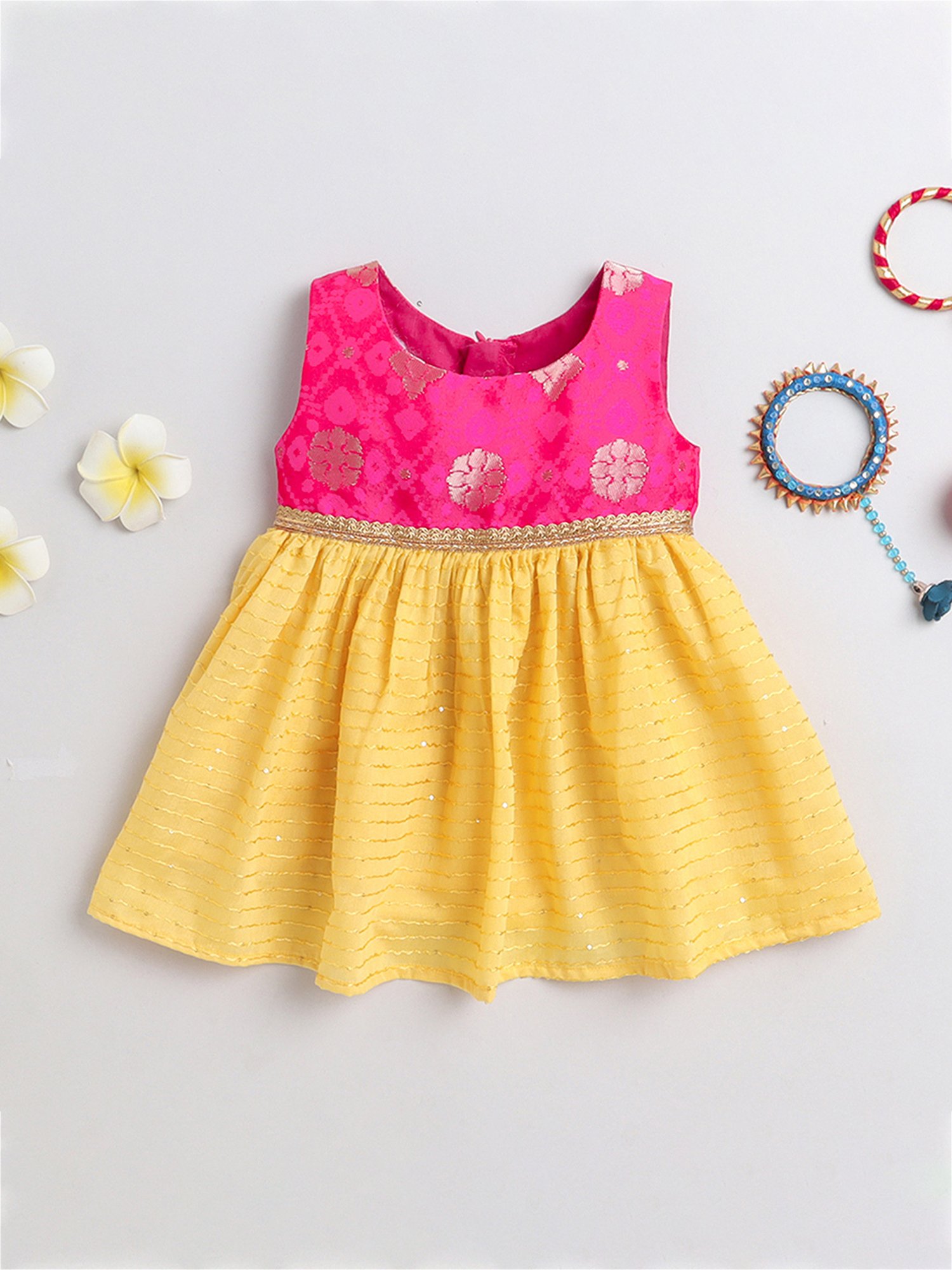 Many Frocks Kids Pink & Yellow Printed Dress